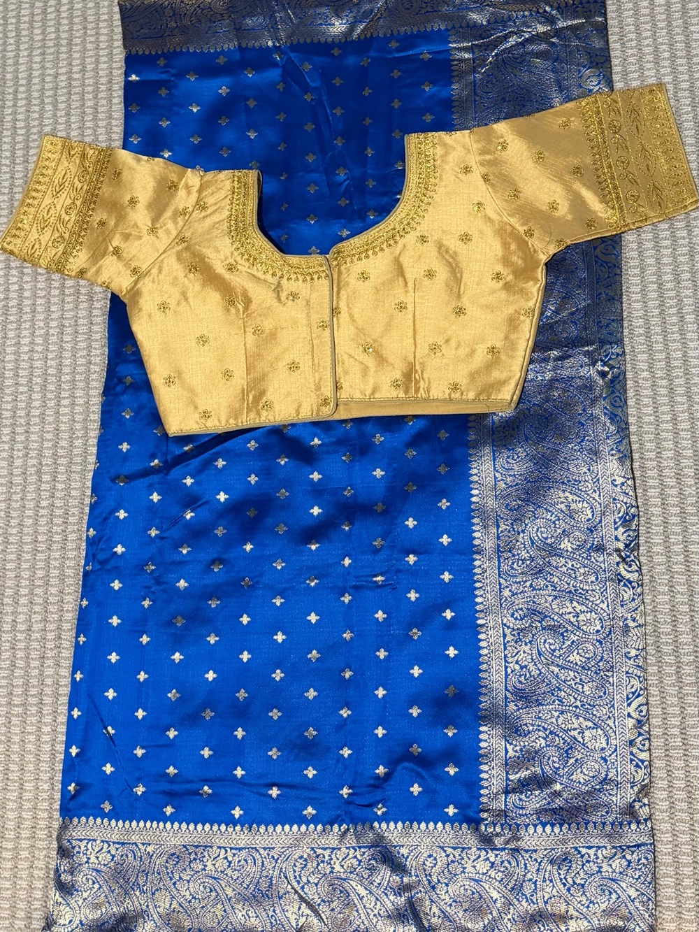 Gold Embroidered Blouse with Royal Blue Banarasi Saree Fabric